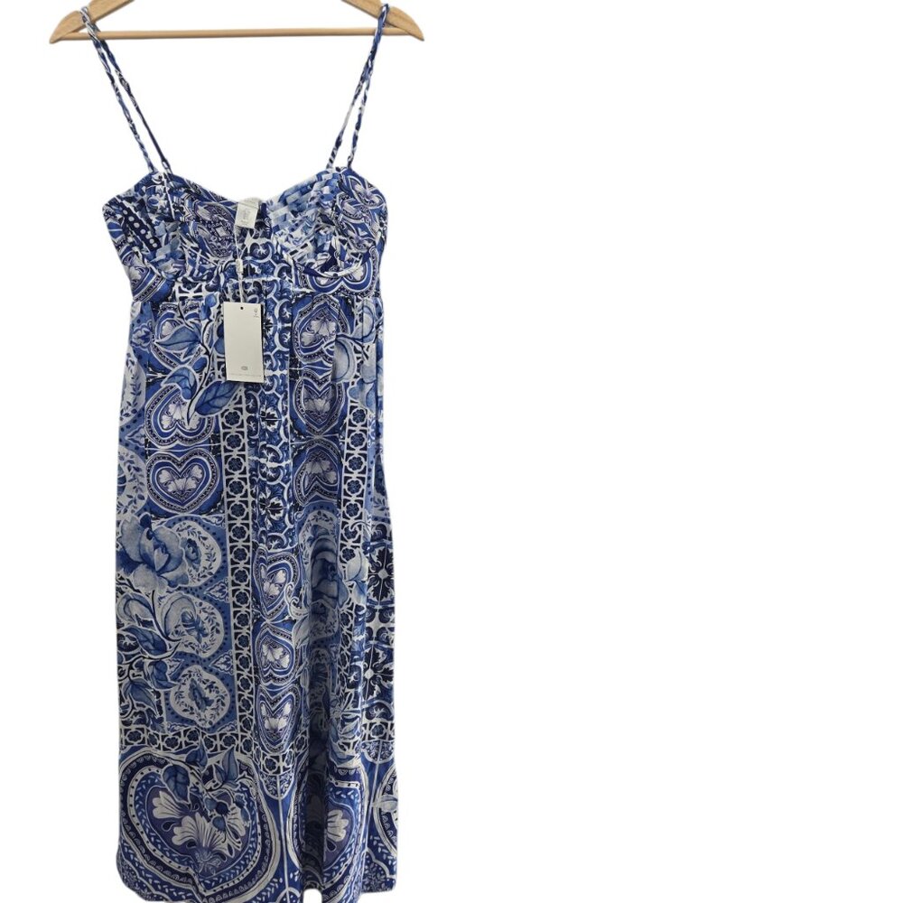 Caroline Constas Blue White Empire Waist 100% Cotton Maxi Dress Size Small